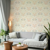 Modern blush wallpaper with botanical damask style

