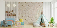 Soft brown wallpaper with illustrated forest animals

