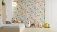 Soft-toned nursery wallpaper with forest animals

