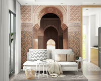 Warm-toned mural with Moroccan geometric details


