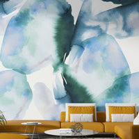 Cool-toned abstract mural of artistic blue landscape

