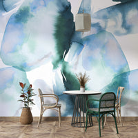 Blue abstract art mural with scenic landscape design

