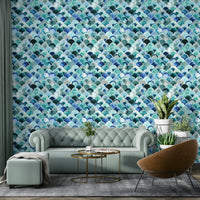 Subtle blue Art Deco wallpaper with Japandi charm

