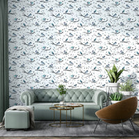 Birds and branches motif in aqua blue tones

