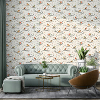 Rustic wallpaper with robins and bare branches

