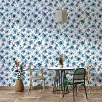 Watercolor blue anemones on botanical wallpaper

