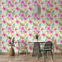 Multicolor dahlia blooms on floral wallpaper

