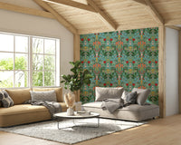 Cottage-style interior with bluebell motif wallpaper

