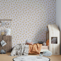 Banana yoga-themed wallpaper with playful design

