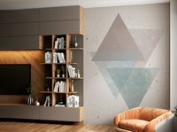 Neutral-toned mural with overlapping geometric forms

