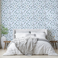 Dreamy floating feathers wallpaper in sky blue

