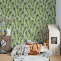 Whimsical bohemian wallpaper with feathers in color

