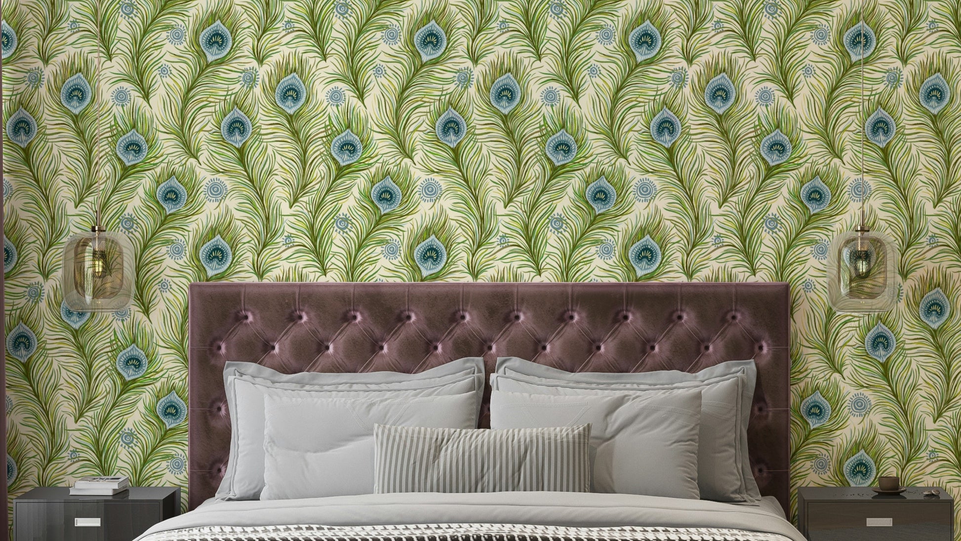 Boho chic peacock feather wallpaper in blue and green

