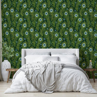 Deep-toned wallpaper with peacock feather pattern

