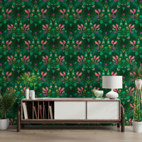 Magical garden scene wallpaper with rich botanicals


