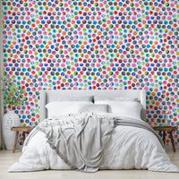 Bold geometric wallpaper with scattered ink spots

