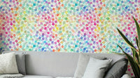 Bold plaid wallpaper with rainbow confetti elements

