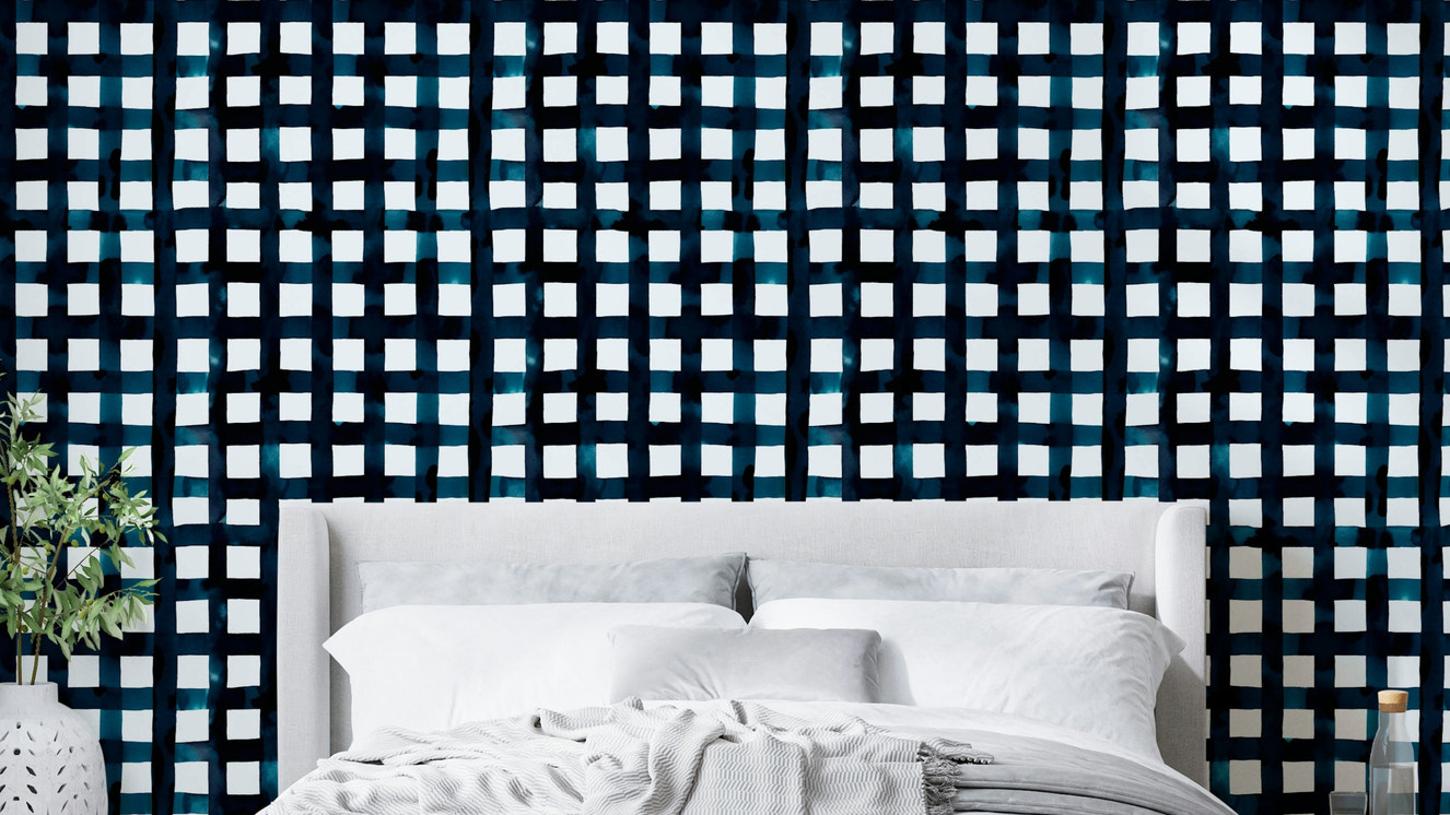 Geometric grid stripes wallpaper in deep navy tones

