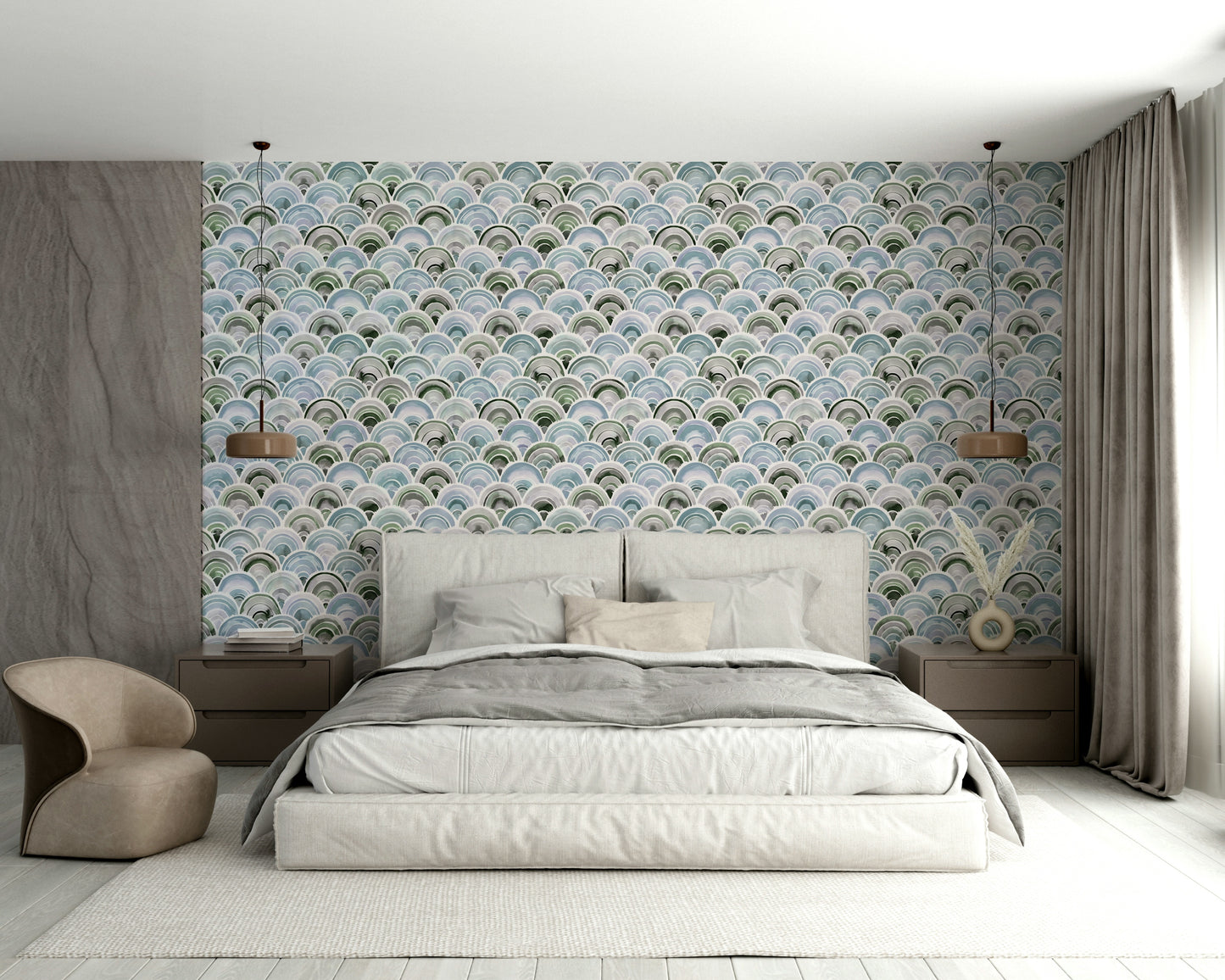 Vibrant Japanese pattern wallpaper with curved motifs


