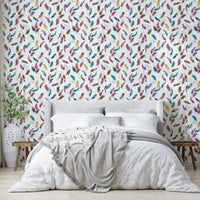 Artistic wallpaper with floating feathers design

