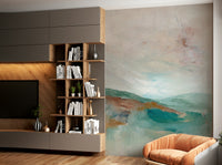 Calm mountain mural featuring cool earthy gradients

