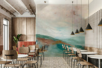 Misty mountain wall mural in soft gradient hues

