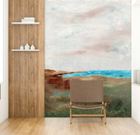 Peaceful beach mural featuring calm sea and sky

