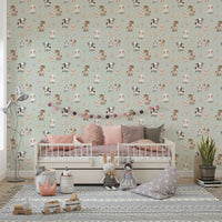 Storybook-style mint wallpaper with farm motifs

