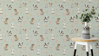Happy Farmtime wallpaper with cute animals in mint

