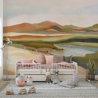 Foggy mountain and hill mural for peaceful spaces

