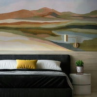 Tranquil hillscape mural in misty natural tones

