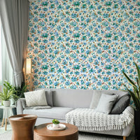 Soft sky blue wallpaper with delicate peony patterns

