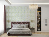 Detailed green leaf damask wallpaper with vintage charm

