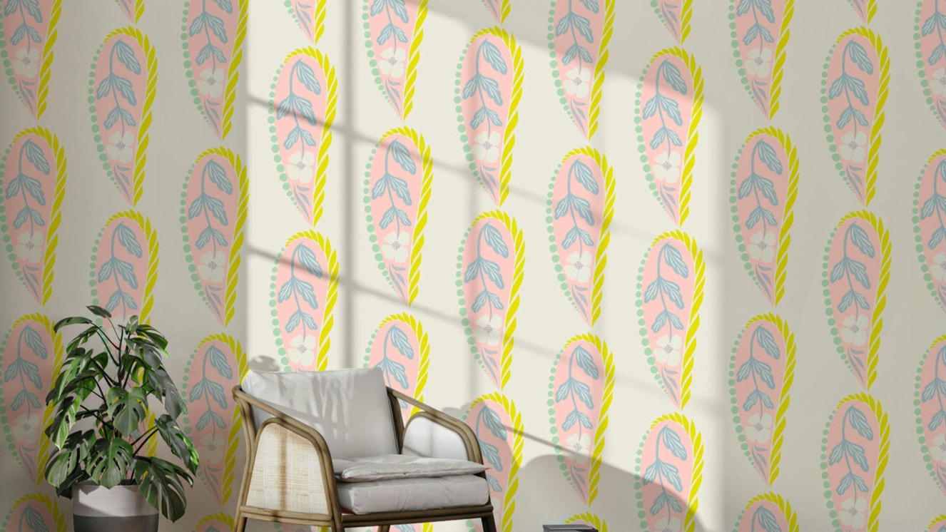 Light-toned paisley mural for calm interiors

