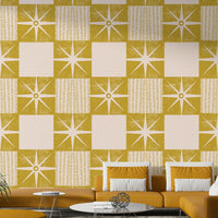 Mustard yellow starburst quilt pattern wallpaper design

