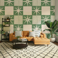 Retro quilt block pattern wallpaper in soft sage


