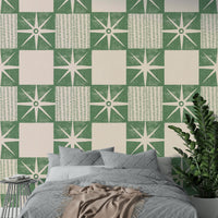 Mid-century modern wallpaper with starburst motif

