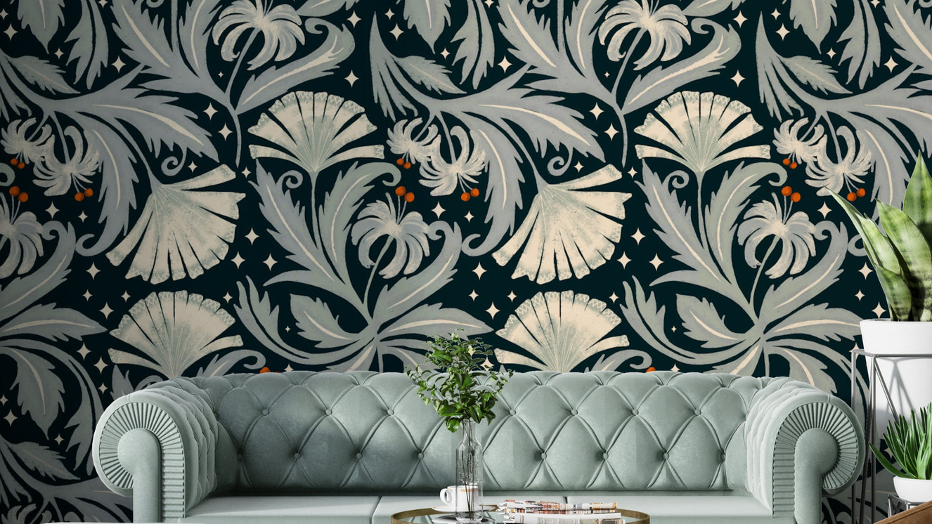 Vintage Botanica Midnight Black floral wallpaper detail

