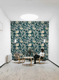 Teal floral wallpaper featuring vintage botanical motifs

