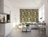 Detailed vintage botanica wallpaper in olive bronze hues

