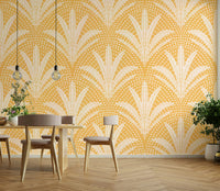 Rustic palm leaf wallpaper in warm golden ochre tones

