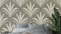 Boho rustic palm wallpaper in muted grey tones

