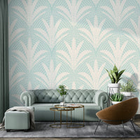 Rustic palm wallpaper in calming soft blue shade

