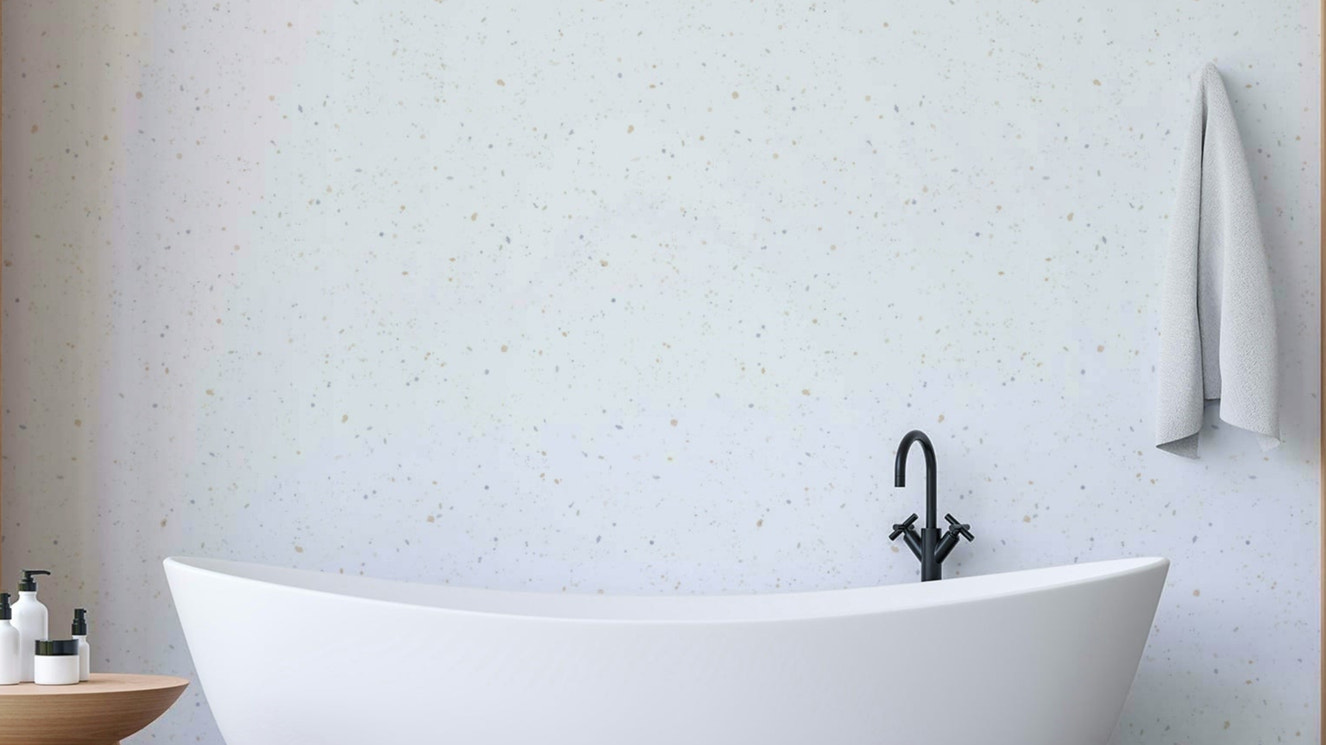Bathroom wall featuring watercolor terrazzo pastel wallpaper

