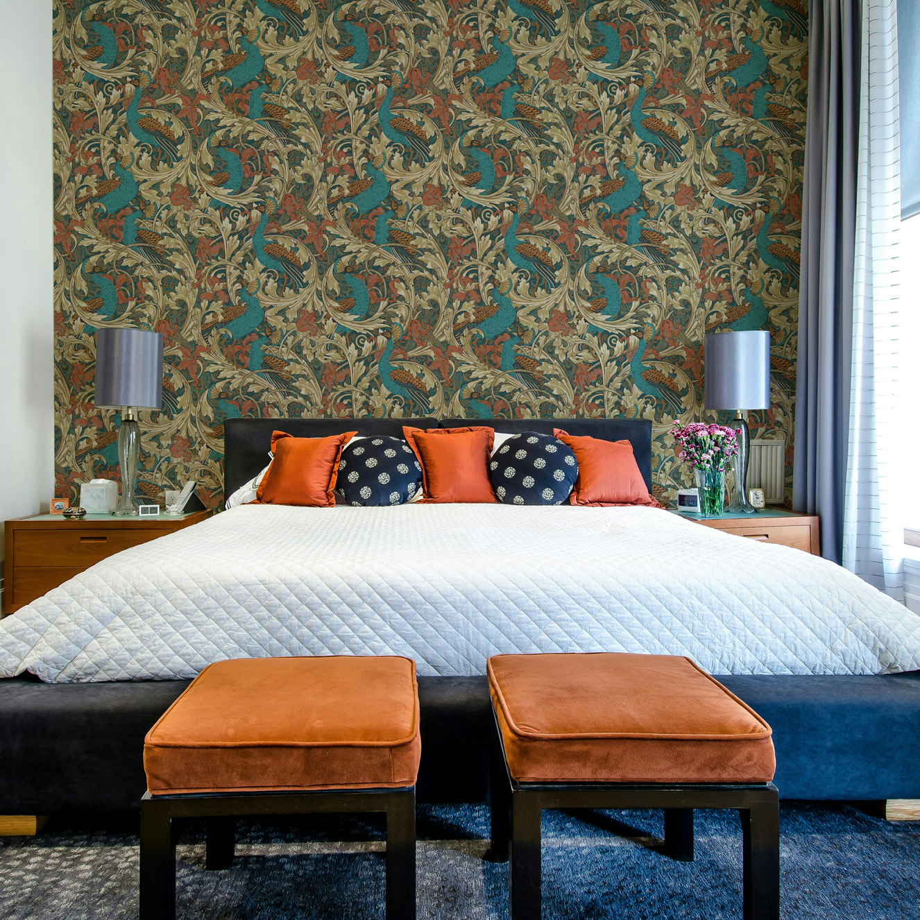 Peacock Garden by Walter Crane in teal rust mustard beige Wallpaper⁠