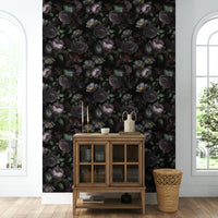 Gothic-inspired floral wallpaper with moody dark tones

