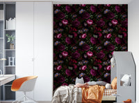 Intricate dark floral wallpaper with moody tones for sophisticated décor.

