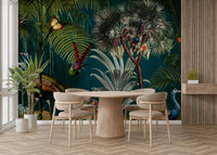 Elegant vintage peacock mural with vibrant twilight tones.

