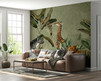 Wall mural featuring exotic animals in a safari setting.

