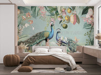 Serene tropical vintage wall mural with lush plants and flowers

